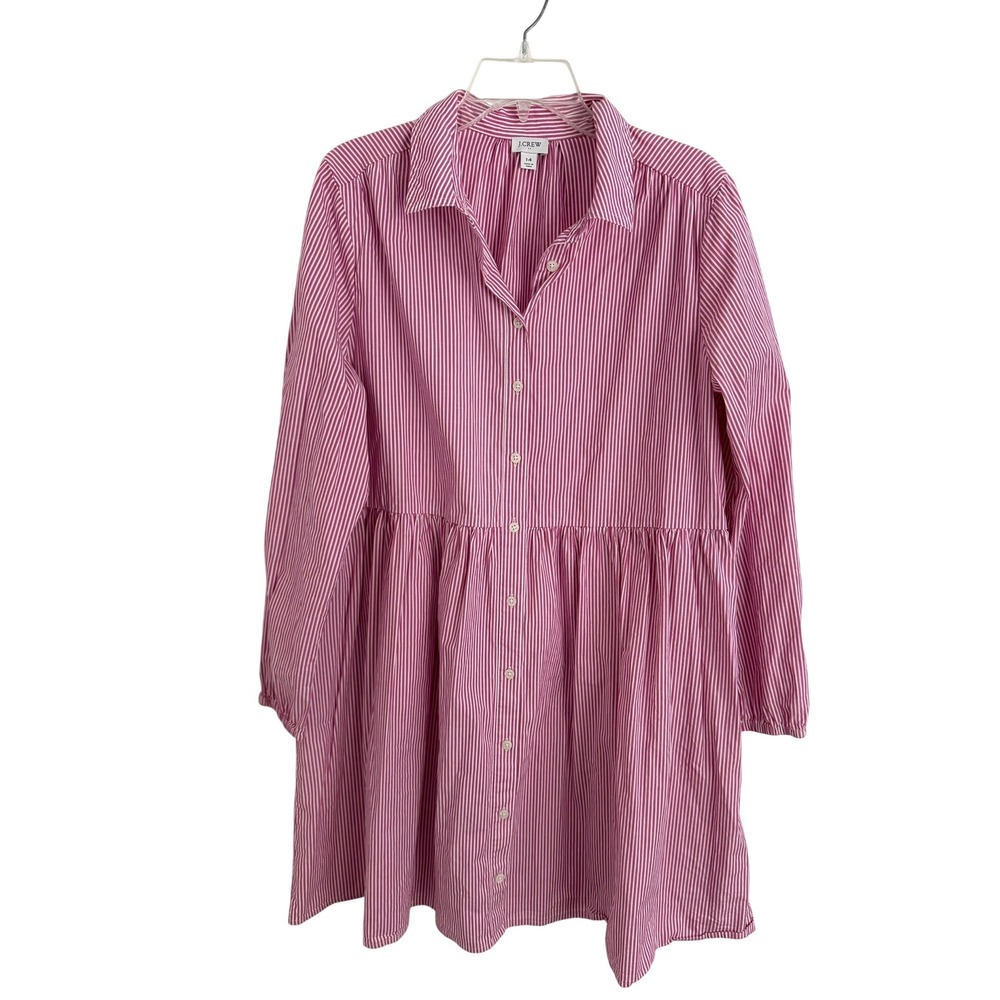 J.Crew Pink White Striped Button Front Empire Waist Shirt Dress Size 14